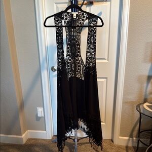Cato Black Lace kimono Vest with Fringe Detail. Size Medium